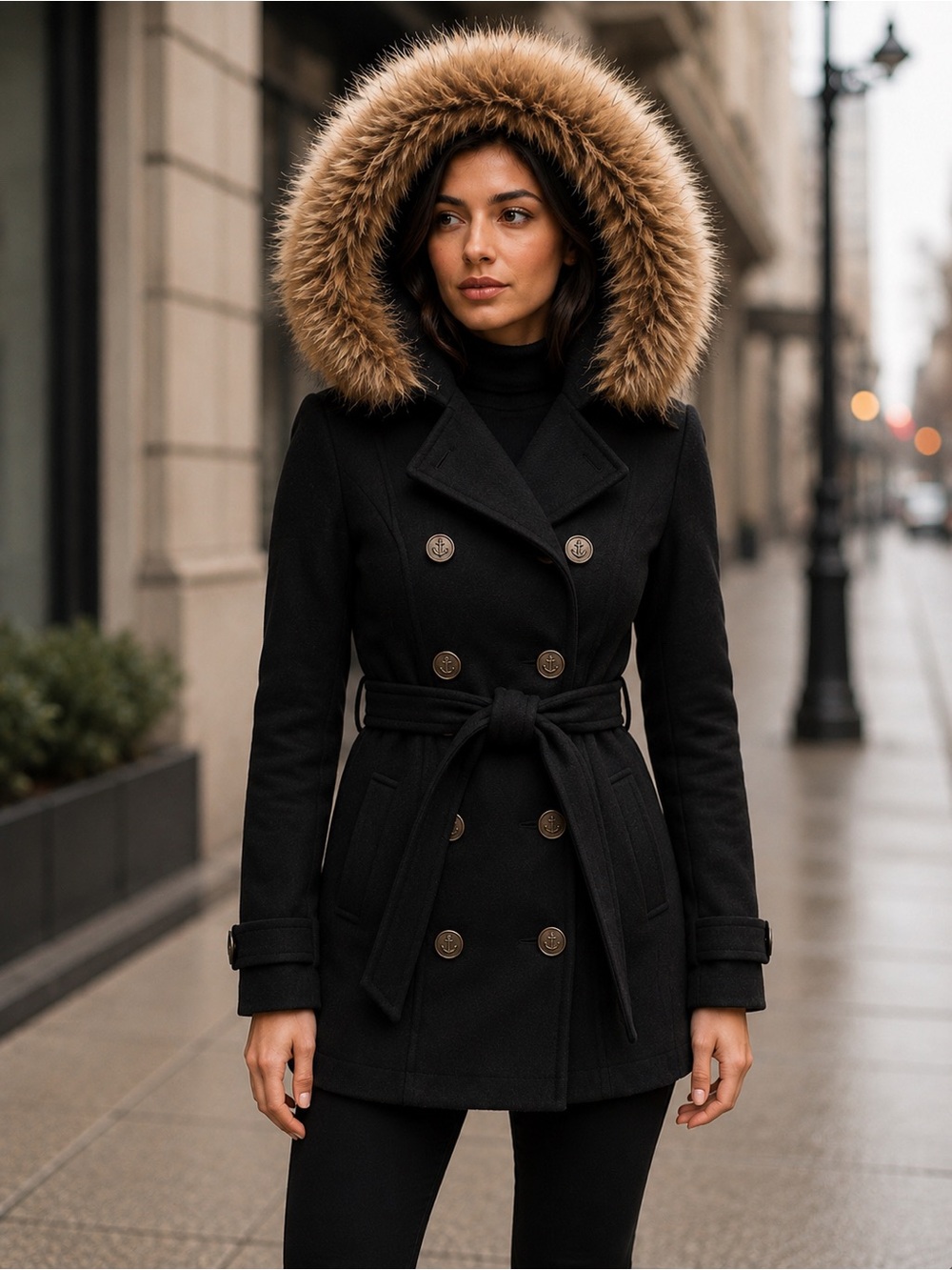 River Island Women’s M Black Lambswool Blend Military Peacoat Faux Fur Hood